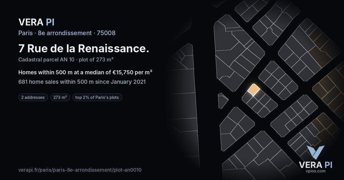 7 Rue de la Renaissance, 8e arrondissement at night – the plot lit, the parcels around coloured by the prices near them