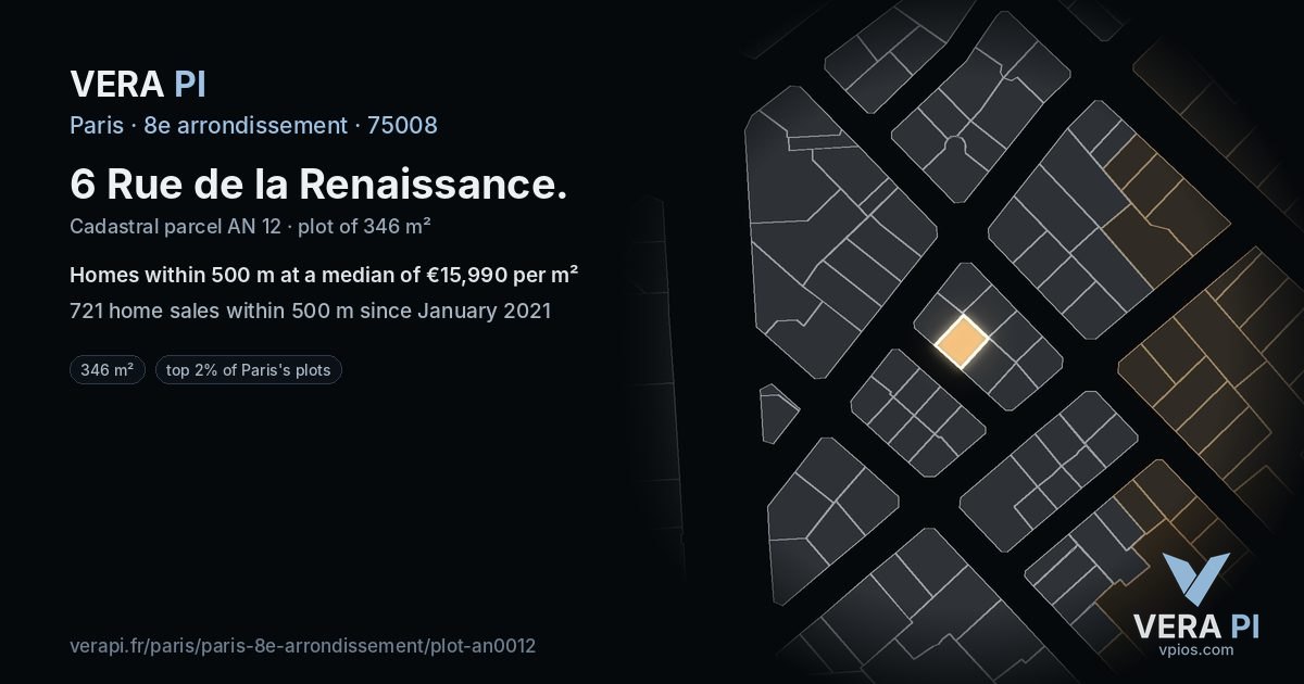 6 Rue de la Renaissance, 8e arrondissement at night – the plot lit, the parcels around coloured by the prices near them