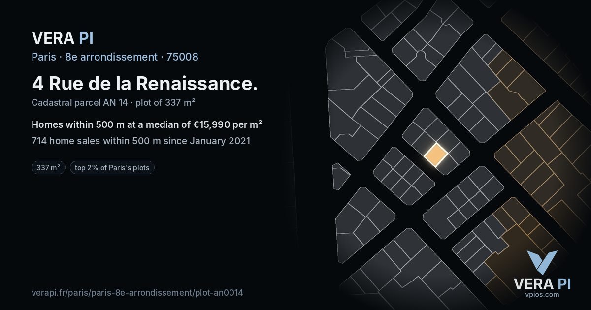 4 Rue de la Renaissance, 8e arrondissement at night – the plot lit, the parcels around coloured by the prices near them