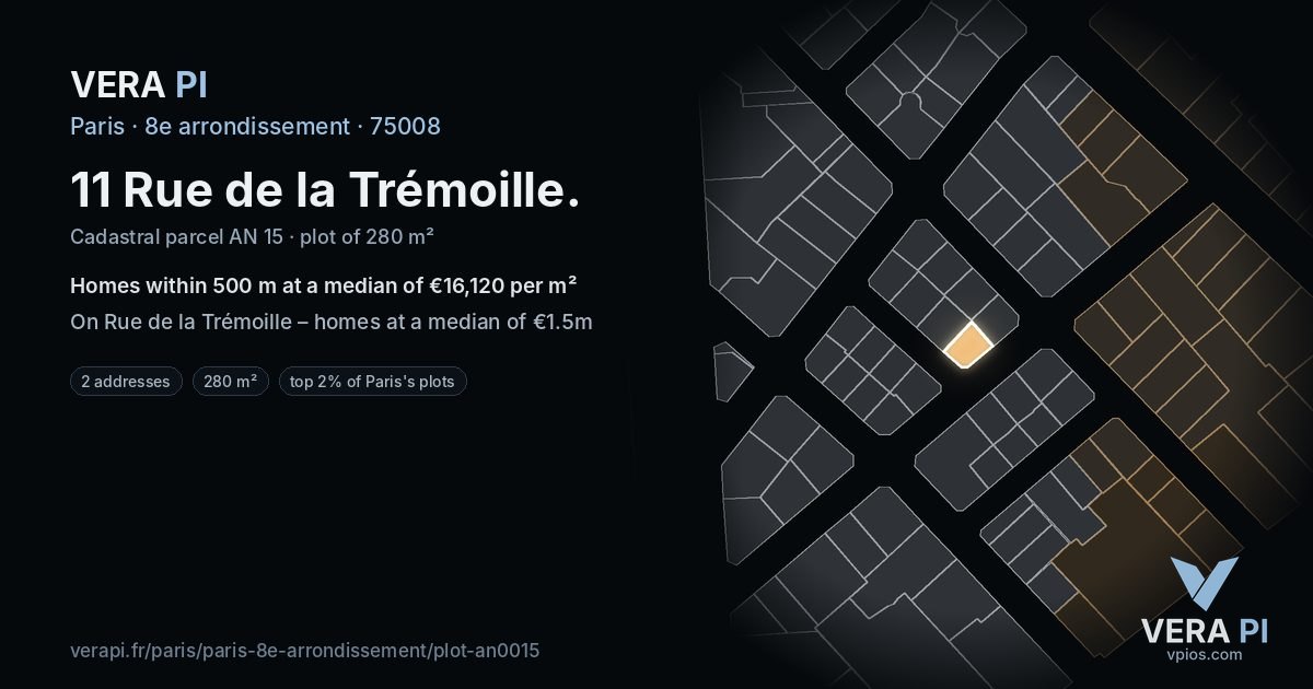11 Rue de la Trémoille, 8e arrondissement at night – the plot lit, the parcels around coloured by the prices near them