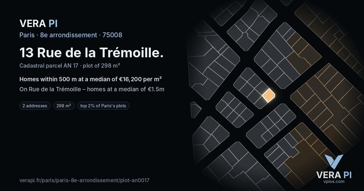 13 Rue de la Trémoille, 8e arrondissement at night – the plot lit, the parcels around coloured by the prices near them