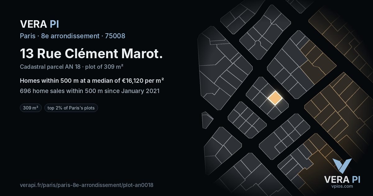 13 Rue Clément Marot, 8e arrondissement at night – the plot lit, the parcels around coloured by the prices near them
