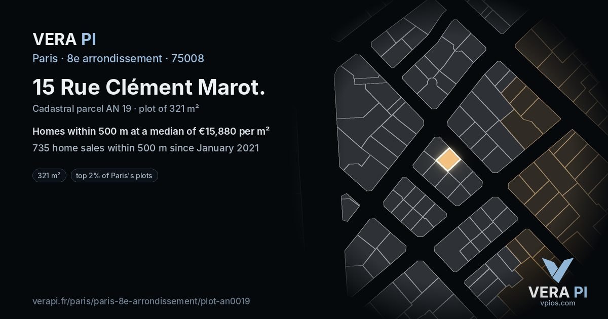 15 Rue Clément Marot, 8e arrondissement at night – the plot lit, the parcels around coloured by the prices near them