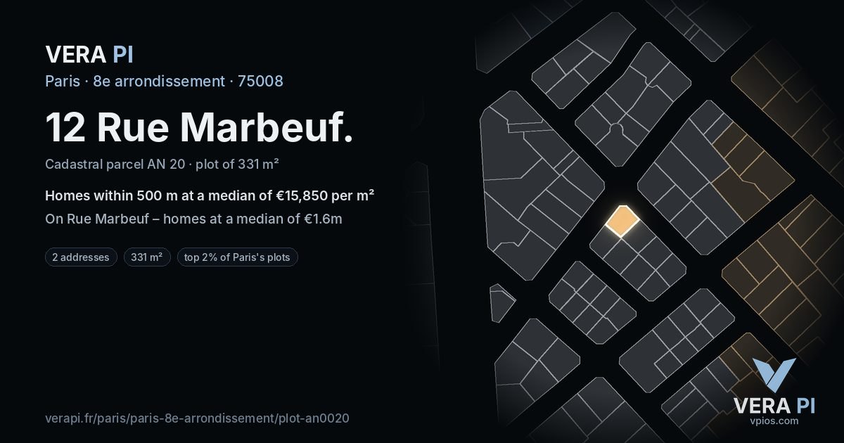 12 Rue Marbeuf, 8e arrondissement at night – the plot lit, the parcels around coloured by the prices near them