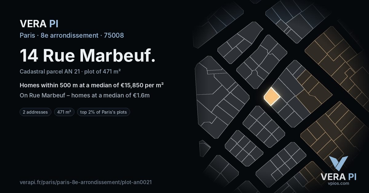 14 Rue Marbeuf, 8e arrondissement at night – the plot lit, the parcels around coloured by the prices near them