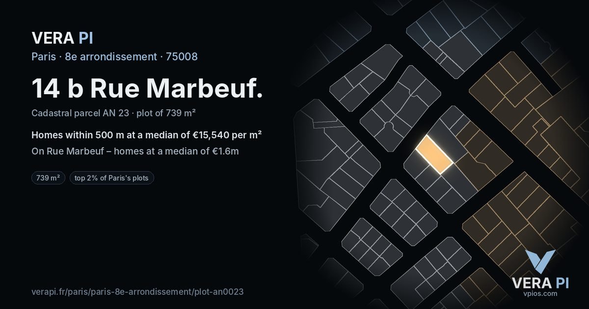 14 b Rue Marbeuf, 8e arrondissement at night – the plot lit, the parcels around coloured by the prices near them