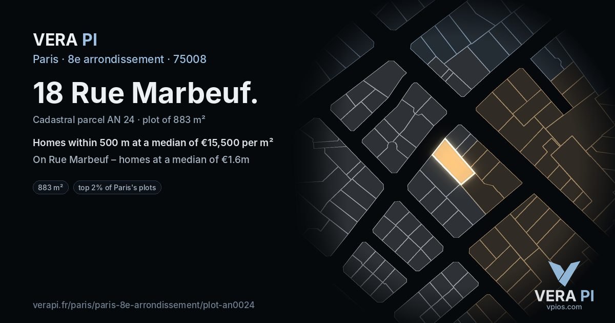18 Rue Marbeuf, 8e arrondissement at night – the plot lit, the parcels around coloured by the prices near them