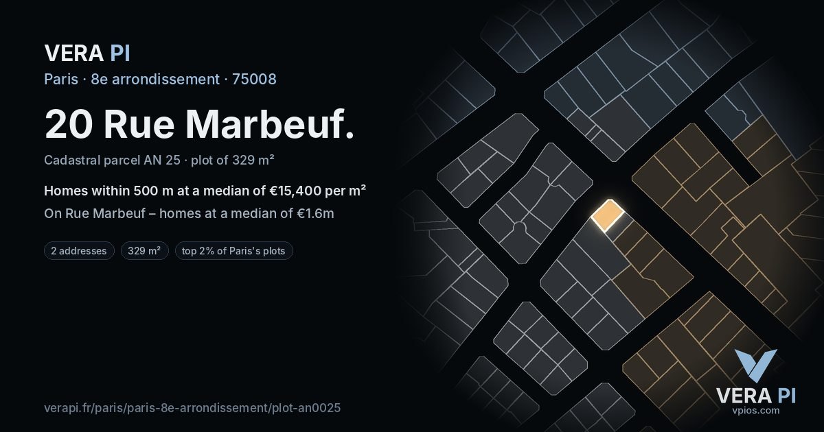20 Rue Marbeuf, 8e arrondissement at night – the plot lit, the parcels around coloured by the prices near them
