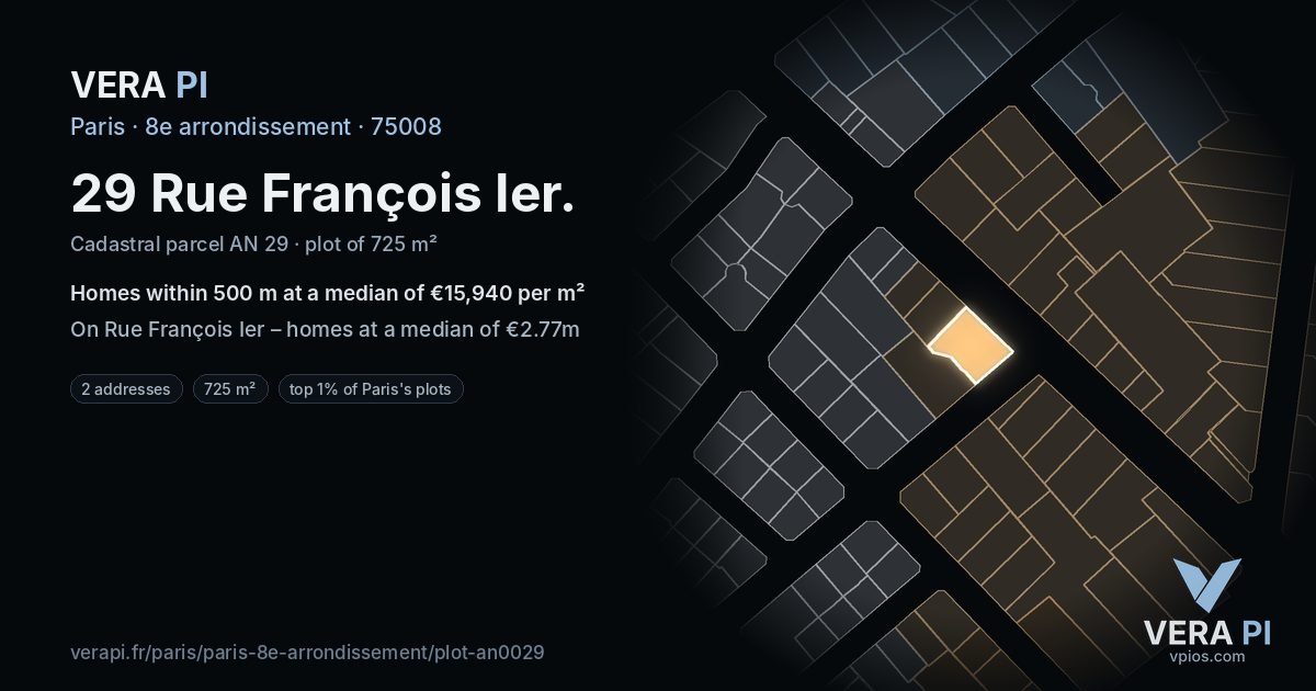 29 Rue François Ier, 8e arrondissement at night – the plot lit, the parcels around coloured by the prices near them