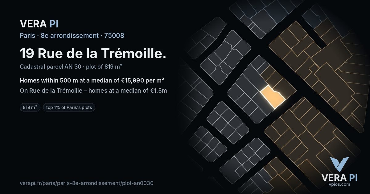 19 Rue de la Trémoille, 8e arrondissement at night – the plot lit, the parcels around coloured by the prices near them