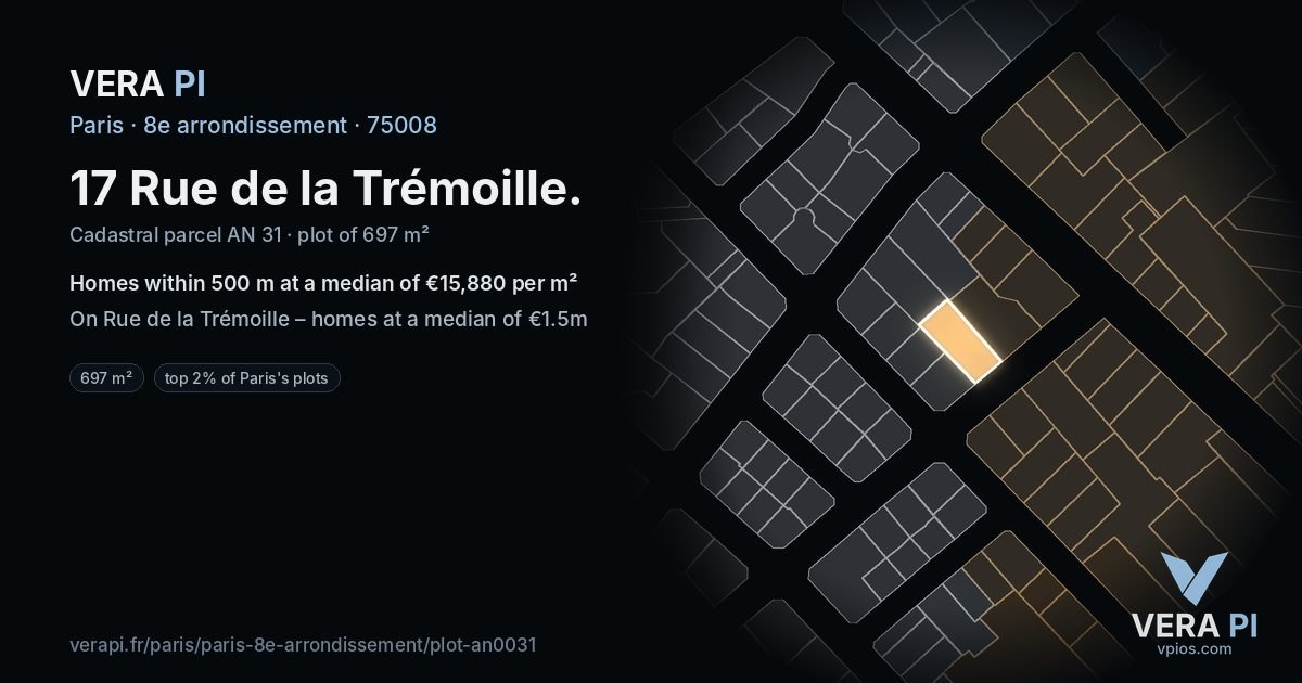 17 Rue de la Trémoille, 8e arrondissement at night – the plot lit, the parcels around coloured by the prices near them
