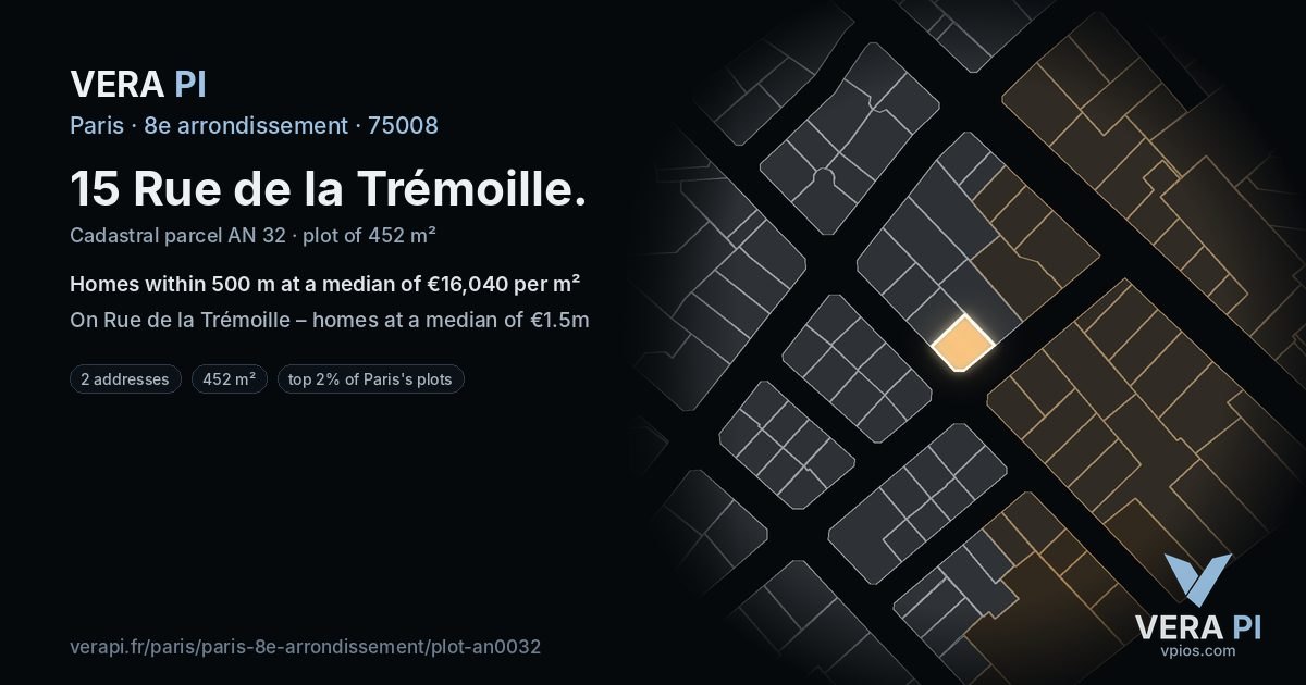 15 Rue de la Trémoille, 8e arrondissement at night – the plot lit, the parcels around coloured by the prices near them