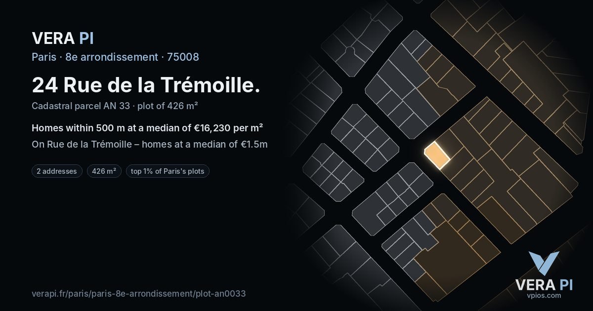 24 Rue de la Trémoille, 8e arrondissement at night – the plot lit, the parcels around coloured by the prices near them