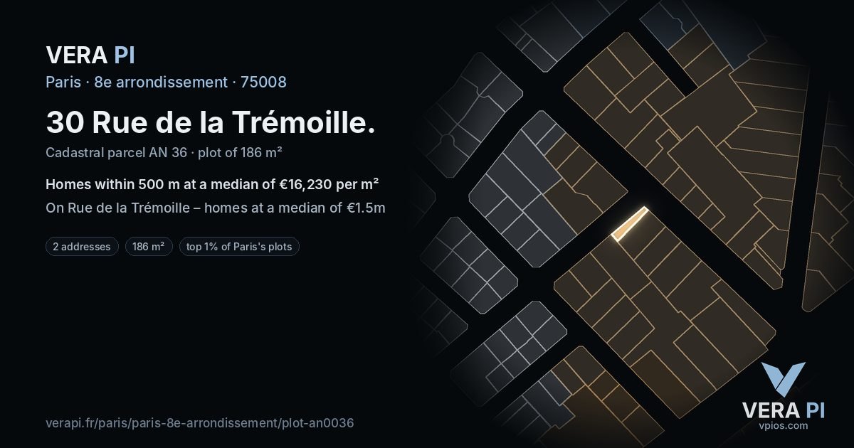 30 Rue de la Trémoille, 8e arrondissement at night – the plot lit, the parcels around coloured by the prices near them