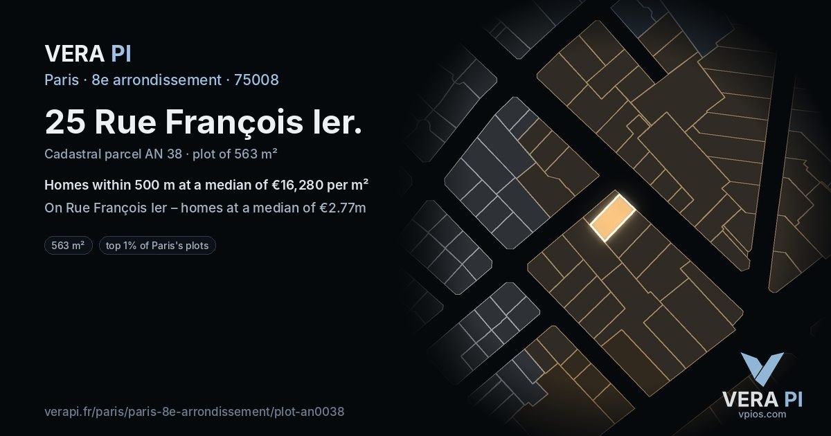 25 Rue François Ier, 8e arrondissement at night – the plot lit, the parcels around coloured by the prices near them