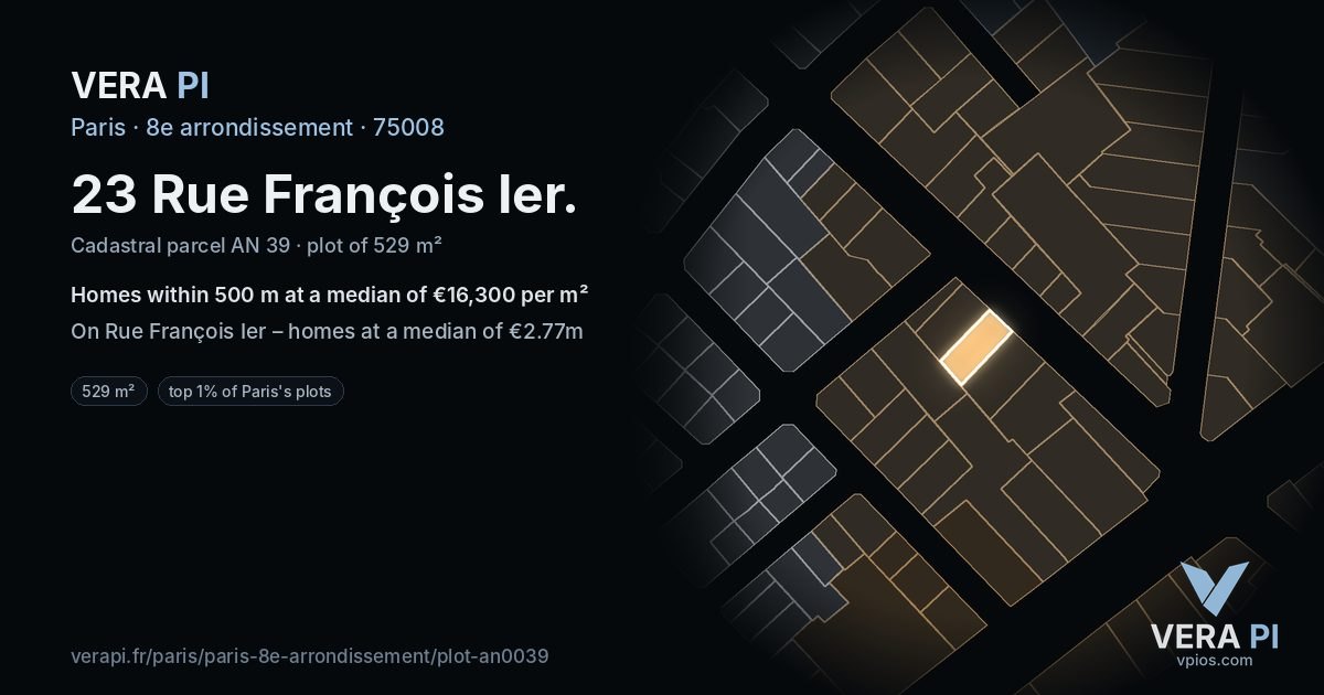 23 Rue François Ier, 8e arrondissement at night – the plot lit, the parcels around coloured by the prices near them