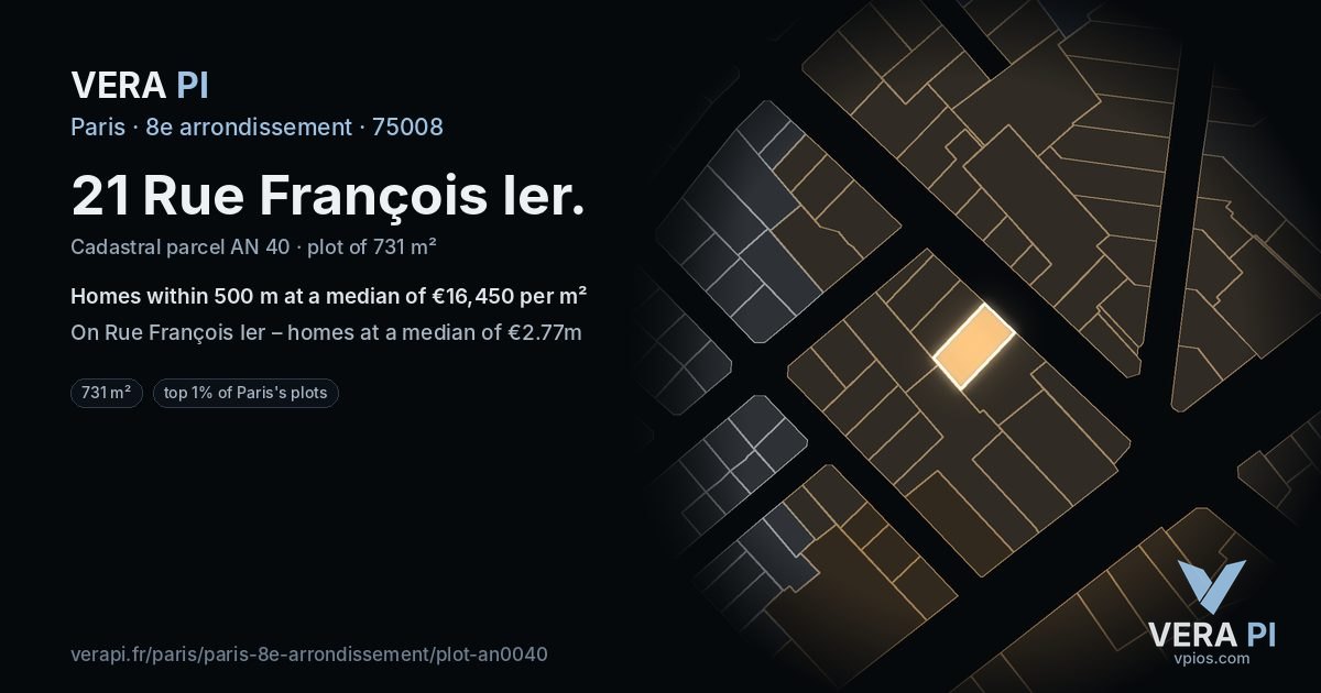 21 Rue François Ier, 8e arrondissement at night – the plot lit, the parcels around coloured by the prices near them
