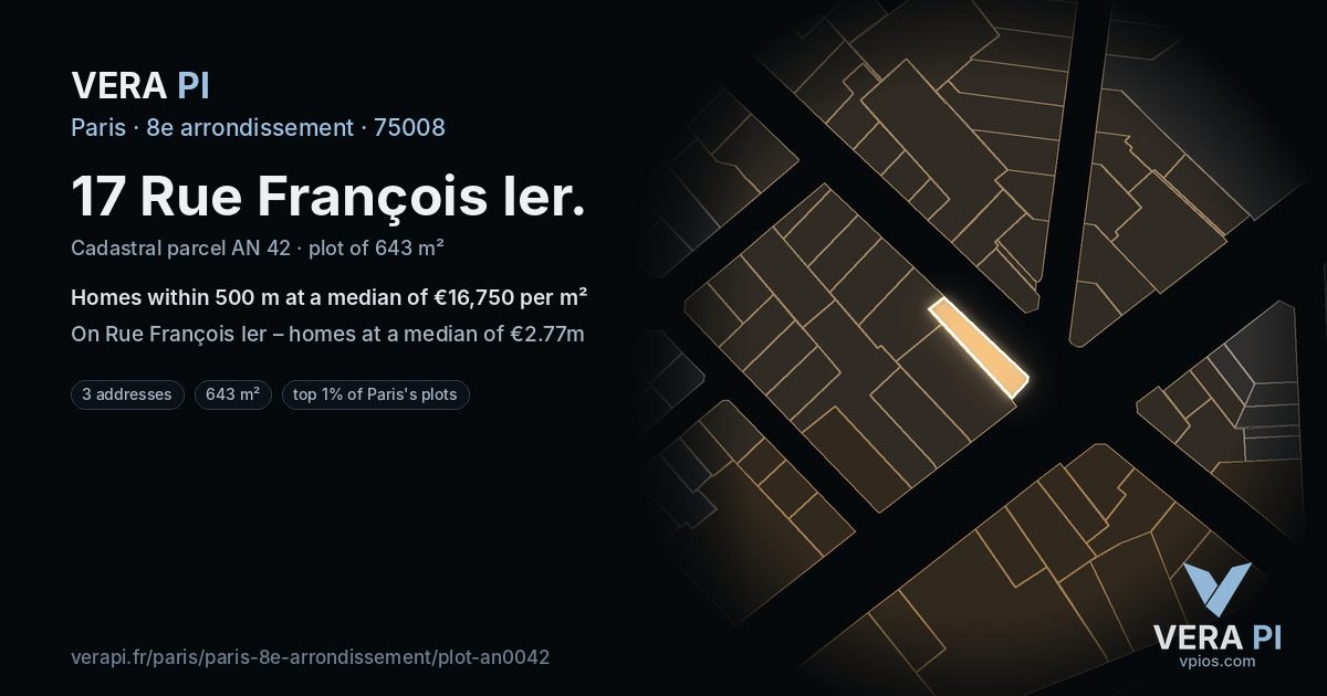 17 Rue François Ier, 8e arrondissement at night – the plot lit, the parcels around coloured by the prices near them