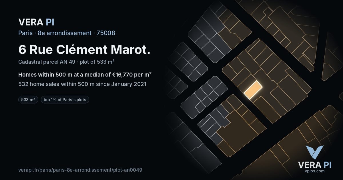 6 Rue Clément Marot, 8e arrondissement at night – the plot lit, the parcels around coloured by the prices near them