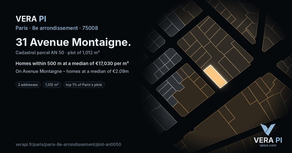 31 Avenue Montaigne, 8e arrondissement at night – the plot lit, the parcels around coloured by the prices near them