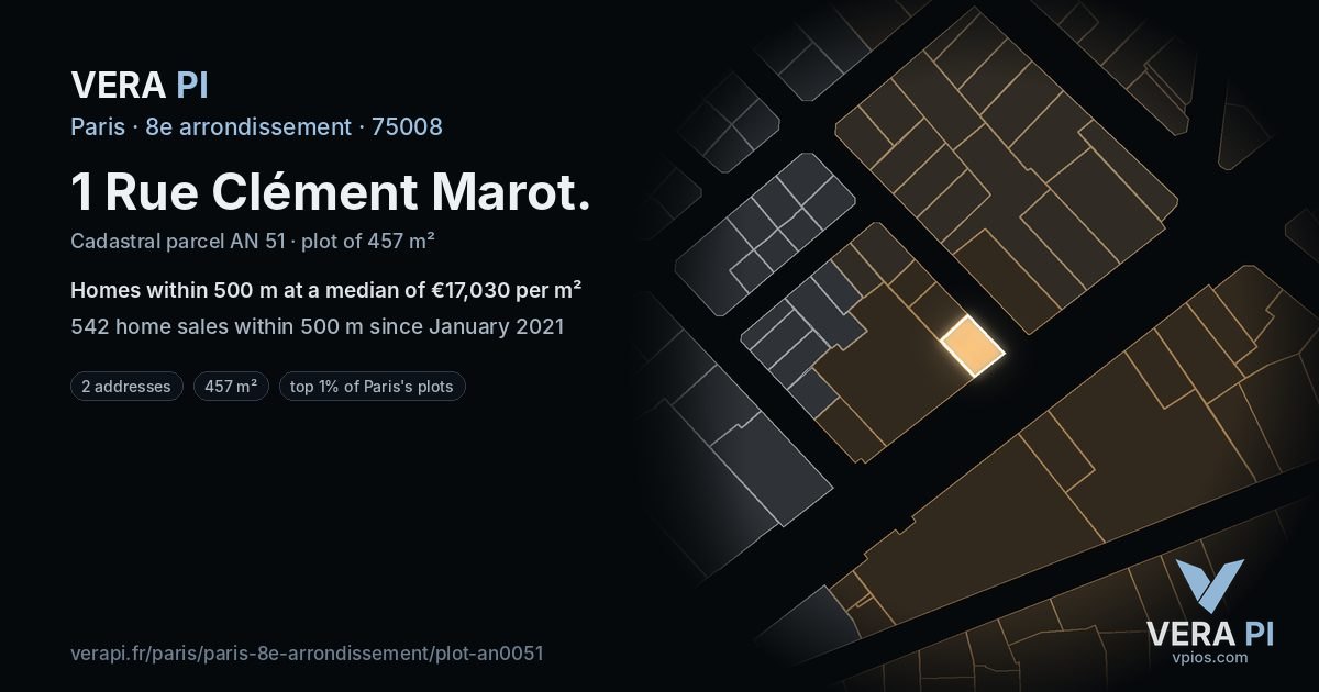 1 Rue Clément Marot, 8e arrondissement at night – the plot lit, the parcels around coloured by the prices near them