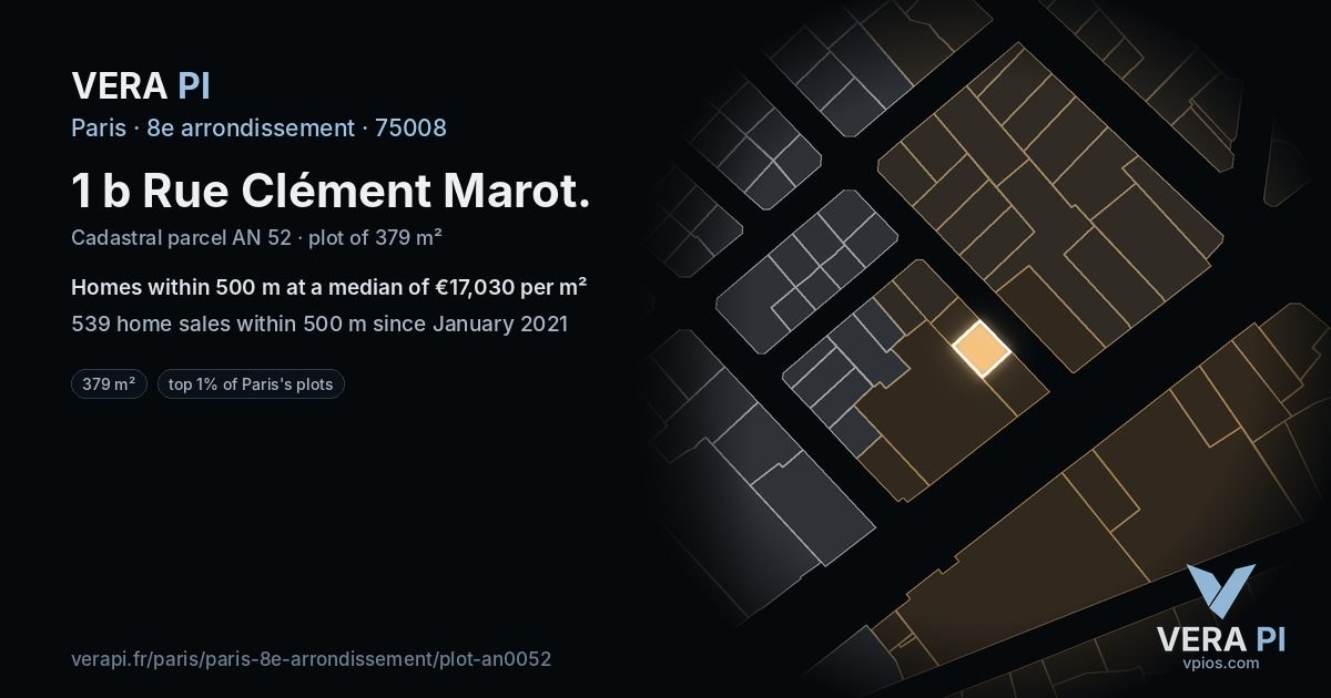 1 b Rue Clément Marot, 8e arrondissement at night – the plot lit, the parcels around coloured by the prices near them