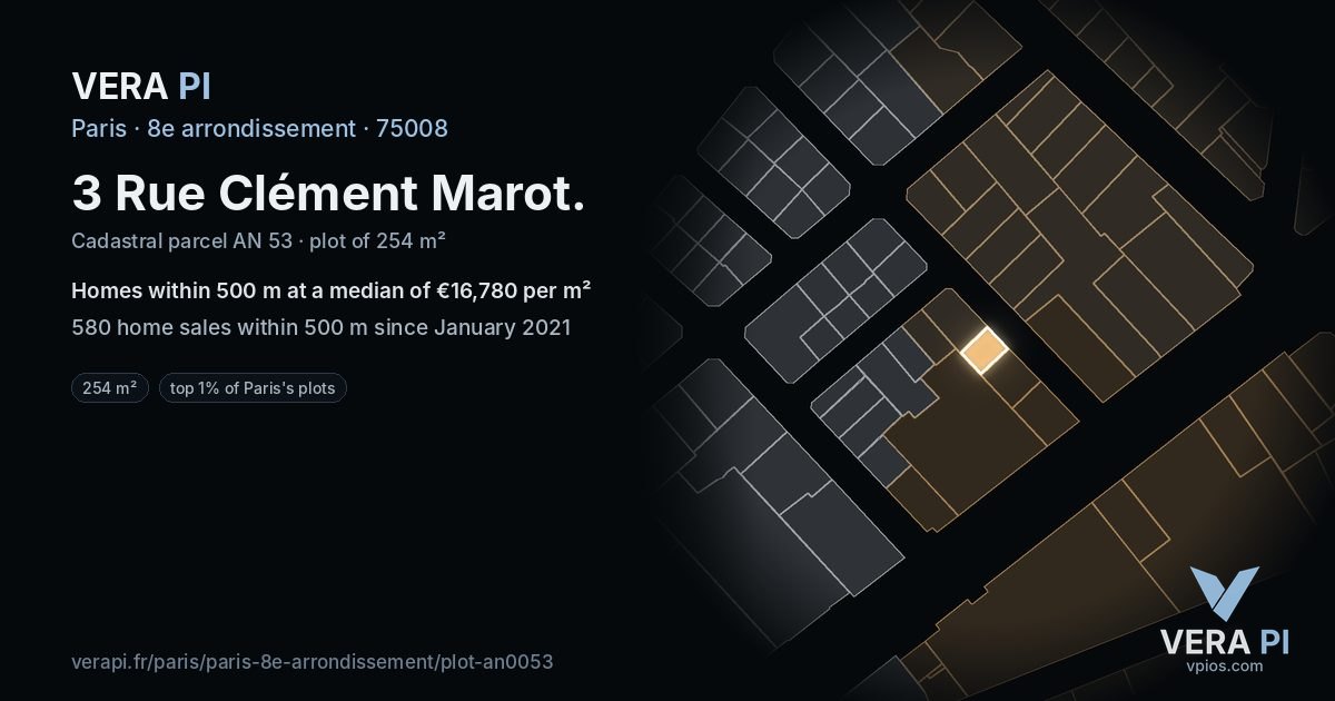 3 Rue Clément Marot, 8e arrondissement at night – the plot lit, the parcels around coloured by the prices near them
