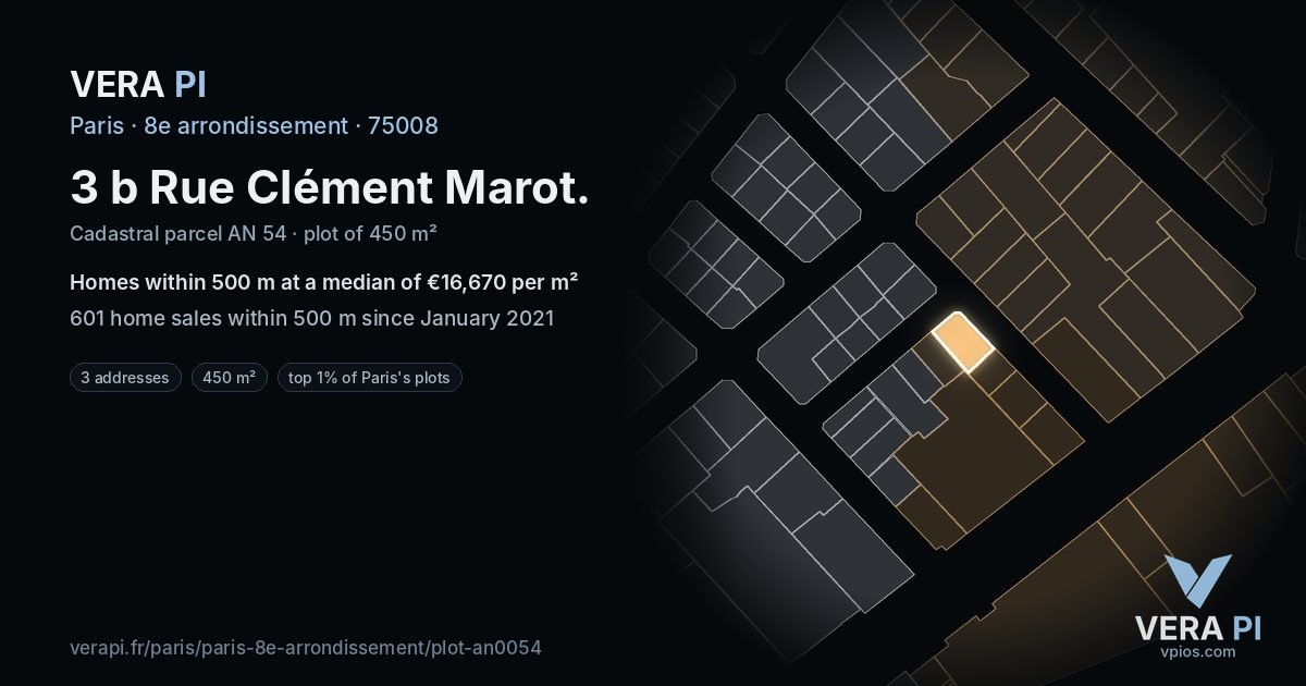 3 b Rue Clément Marot, 8e arrondissement at night – the plot lit, the parcels around coloured by the prices near them