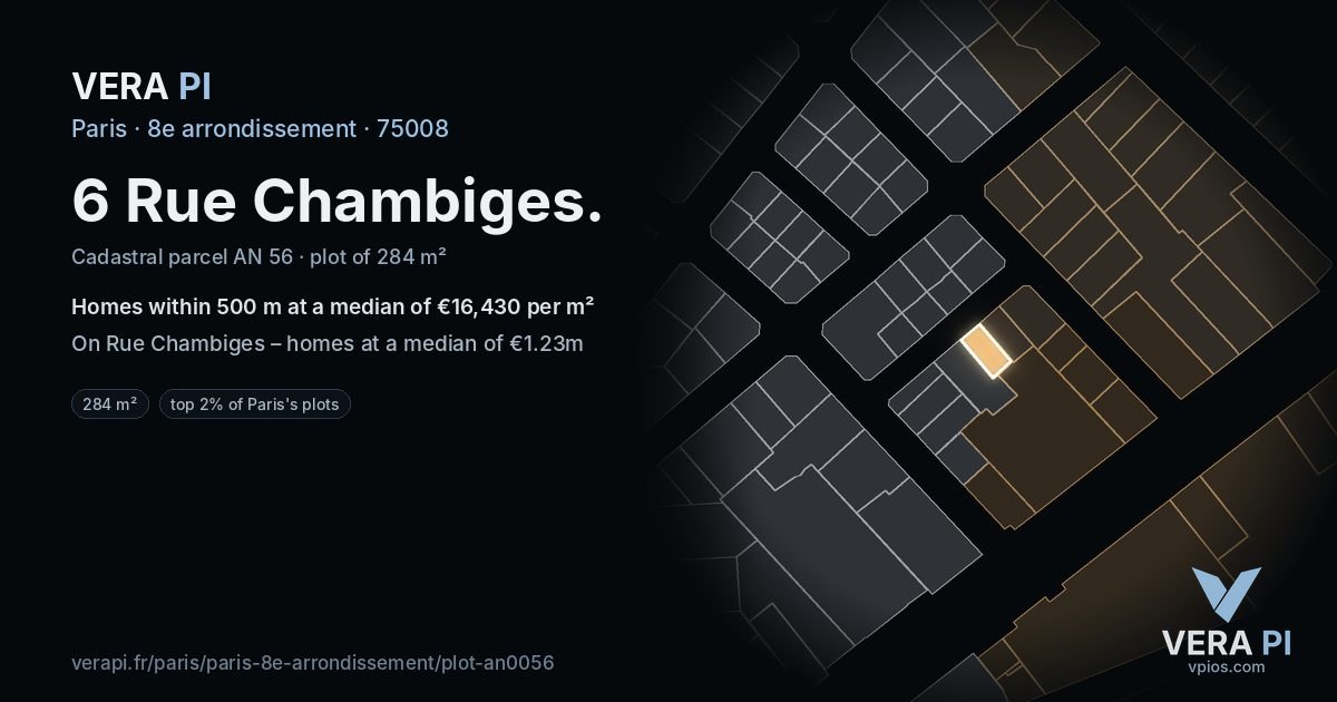 6 Rue Chambiges, 8e arrondissement at night – the plot lit, the parcels around coloured by the prices near them