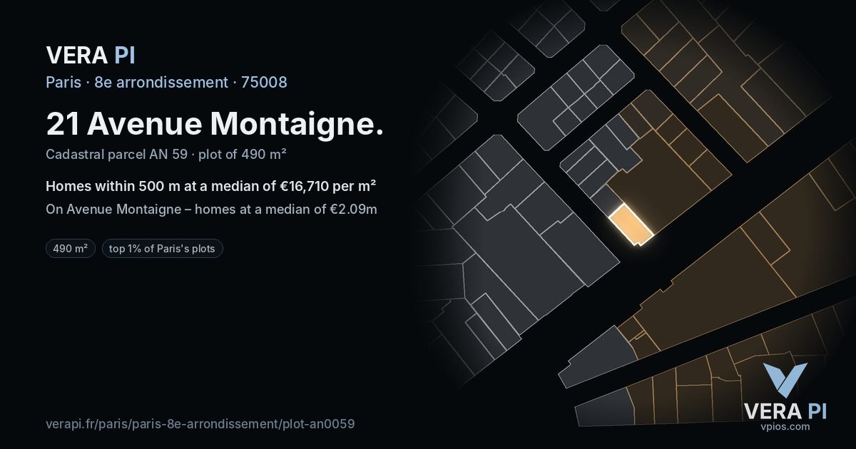 21 Avenue Montaigne, 8e arrondissement at night – the plot lit, the parcels around coloured by the prices near them