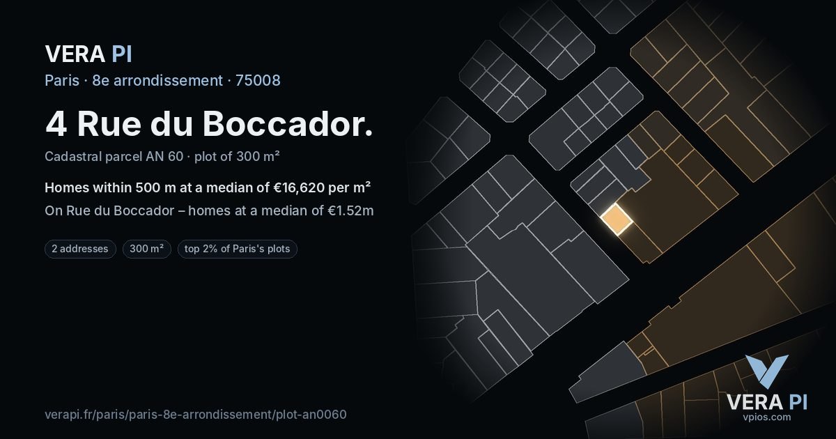4 Rue du Boccador, 8e arrondissement at night – the plot lit, the parcels around coloured by the prices near them
