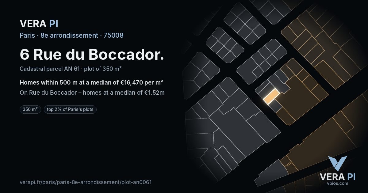 6 Rue du Boccador, 8e arrondissement at night – the plot lit, the parcels around coloured by the prices near them