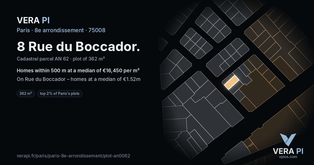 8 Rue du Boccador, 8e arrondissement at night – the plot lit, the parcels around coloured by the prices near them