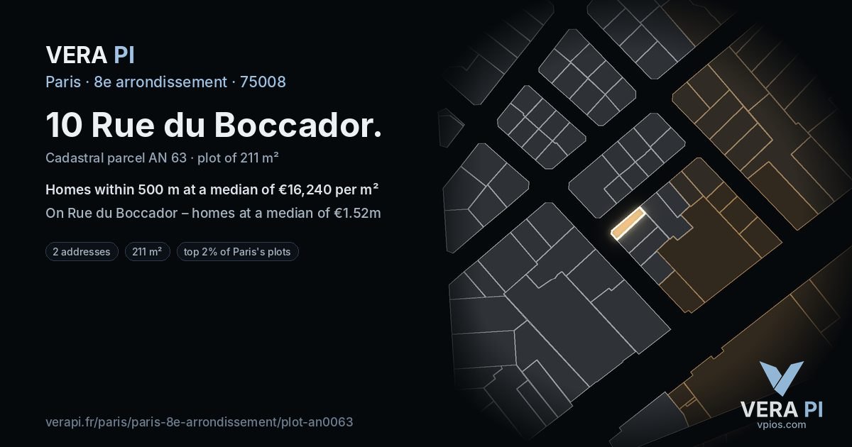 10 Rue du Boccador, 8e arrondissement at night – the plot lit, the parcels around coloured by the prices near them