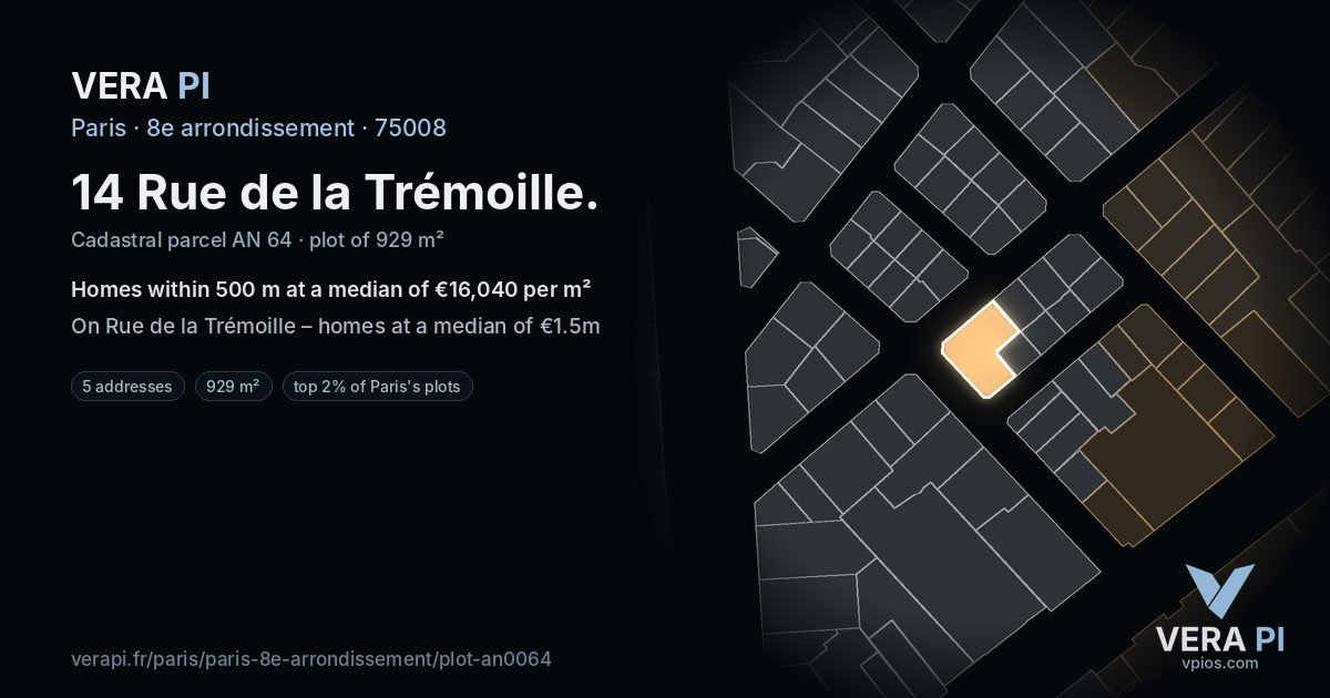 14 Rue de la Trémoille, 8e arrondissement at night – the plot lit, the parcels around coloured by the prices near them