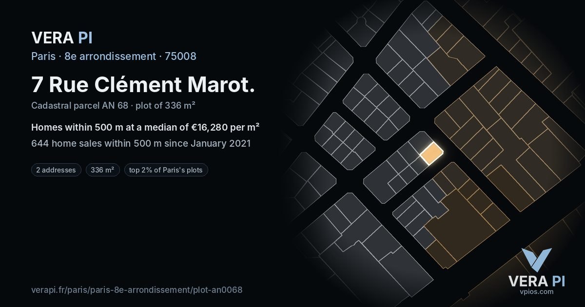 7 Rue Clément Marot, 8e arrondissement at night – the plot lit, the parcels around coloured by the prices near them