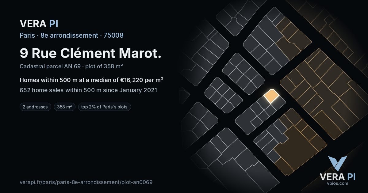 9 Rue Clément Marot, 8e arrondissement at night – the plot lit, the parcels around coloured by the prices near them