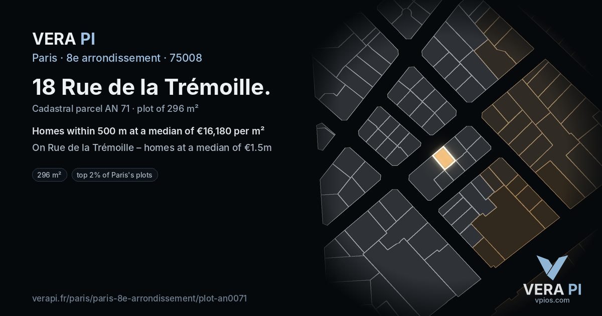 18 Rue de la Trémoille, 8e arrondissement at night – the plot lit, the parcels around coloured by the prices near them
