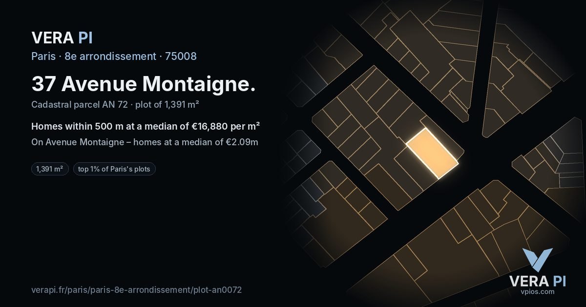 37 Avenue Montaigne, 8e arrondissement at night – the plot lit, the parcels around coloured by the prices near them