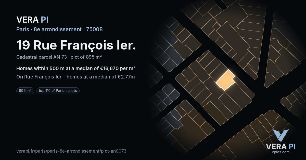 19 Rue François Ier, 8e arrondissement at night – the plot lit, the parcels around coloured by the prices near them