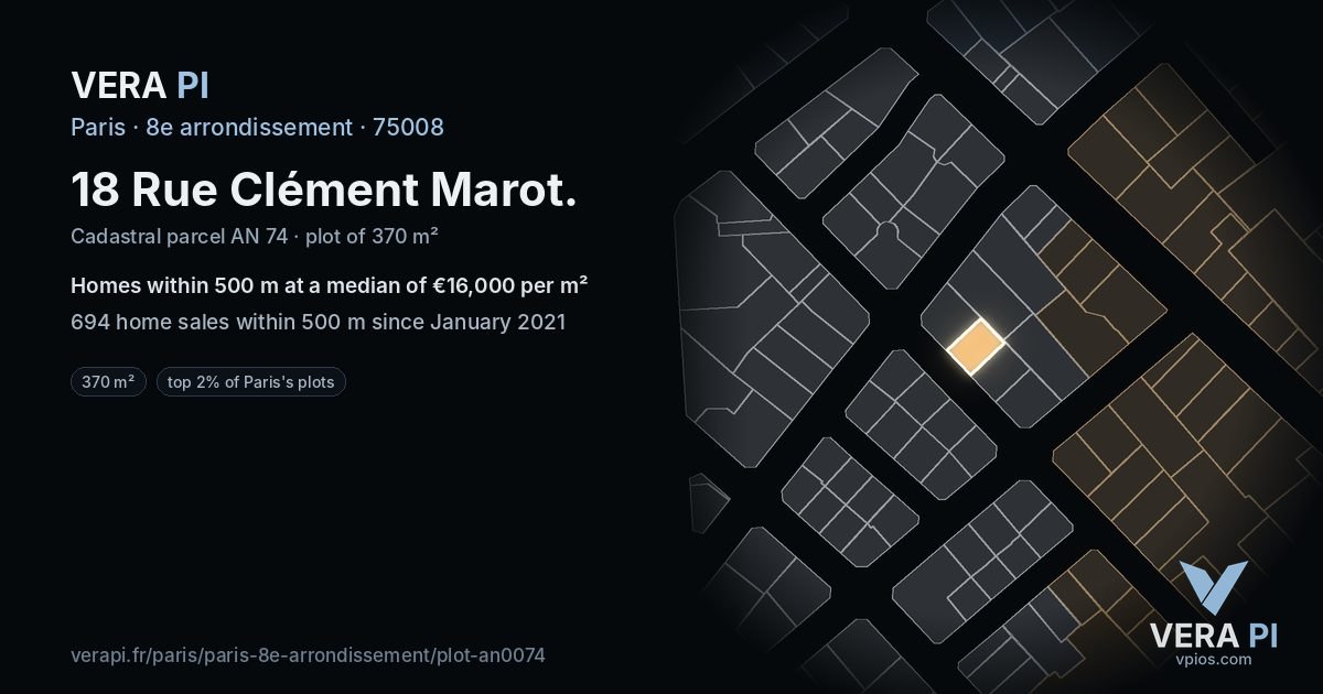 18 Rue Clément Marot, 8e arrondissement at night – the plot lit, the parcels around coloured by the prices near them