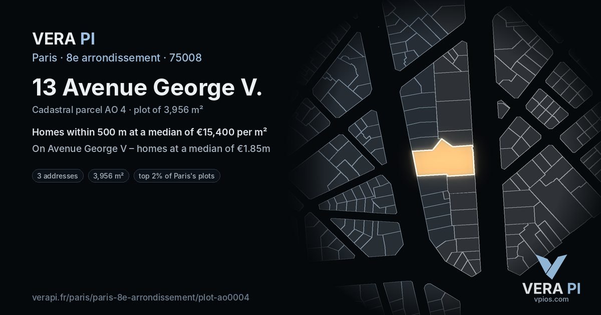 13 Avenue George V, 8e arrondissement at night – the plot lit, the parcels around coloured by the prices near them