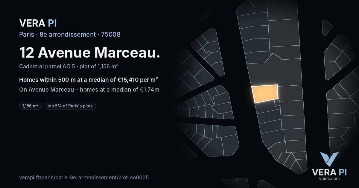 12 Avenue Marceau, 8e arrondissement at night – the plot lit, the parcels around coloured by the prices near them