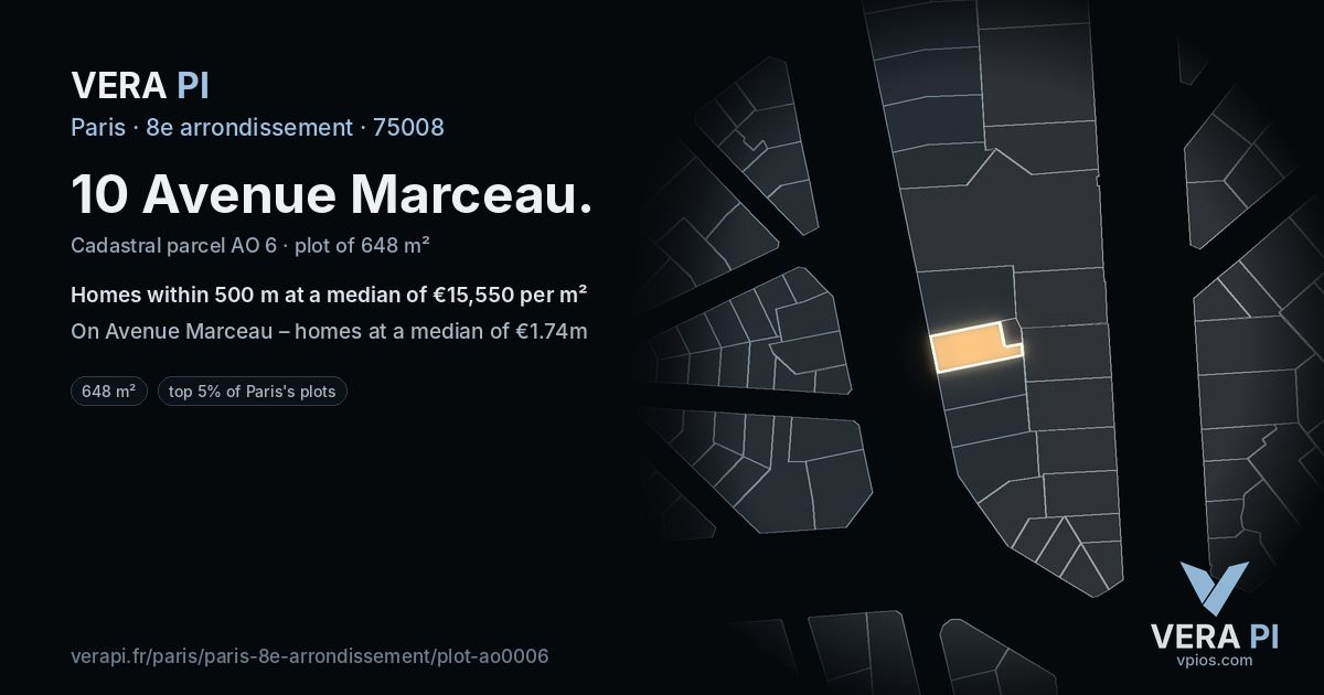 10 Avenue Marceau, 8e arrondissement at night – the plot lit, the parcels around coloured by the prices near them