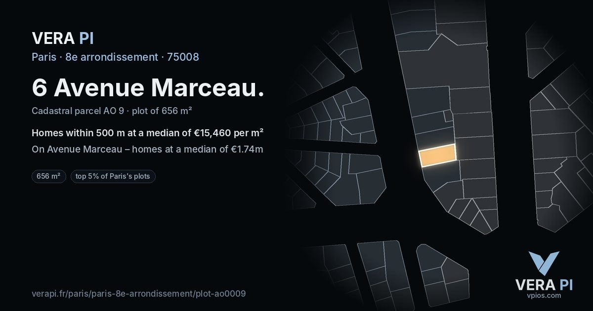 6 Avenue Marceau, 8e arrondissement at night – the plot lit, the parcels around coloured by the prices near them