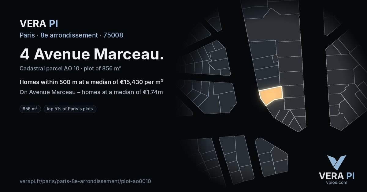 4 Avenue Marceau, 8e arrondissement at night – the plot lit, the parcels around coloured by the prices near them