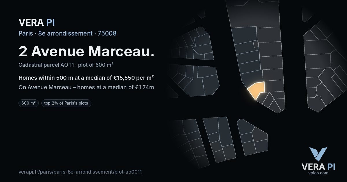 2 Avenue Marceau, 8e arrondissement at night – the plot lit, the parcels around coloured by the prices near them