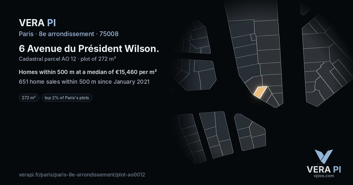 6 Avenue du Président Wilson, 8e arrondissement at night – the plot lit, the parcels around coloured by the prices near them