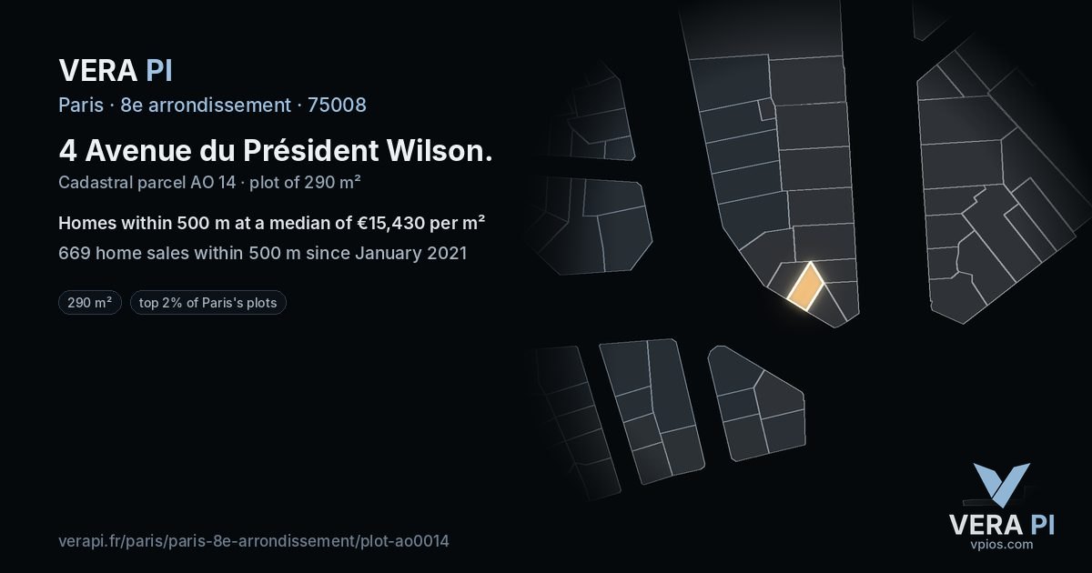 4 Avenue du Président Wilson, 8e arrondissement at night – the plot lit, the parcels around coloured by the prices near them