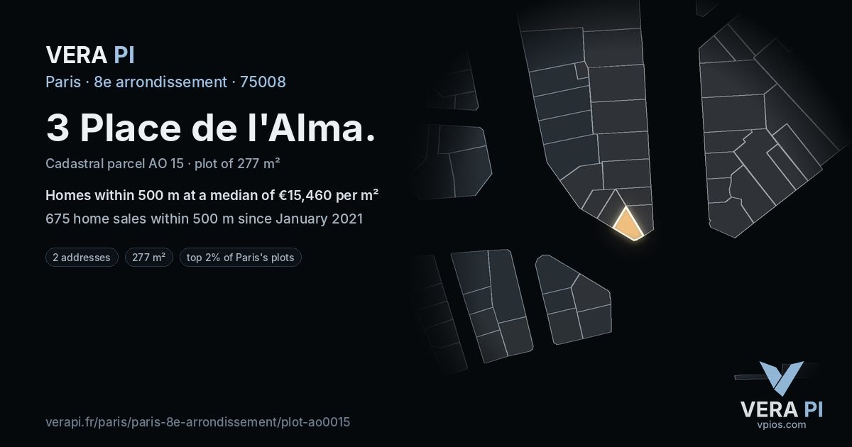 3 Place de l'Alma, 8e arrondissement at night – the plot lit, the parcels around coloured by the prices near them